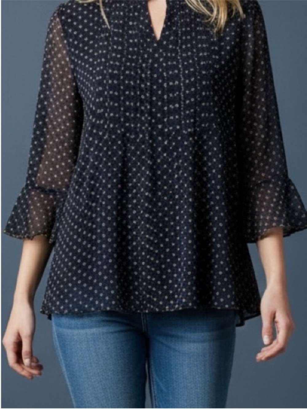 Charter Club Women’s Dark Blue Pleat Sheer Split-Neck Bell Sleeve Peasant Blouse